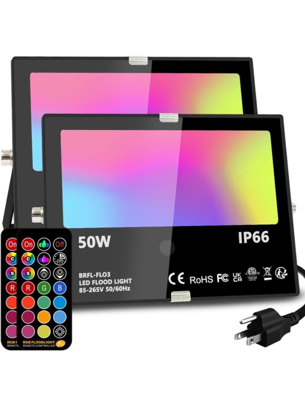 50W RGB Color Changing LED Flood Lights - Remote Control, 12 Colors, Waterproof